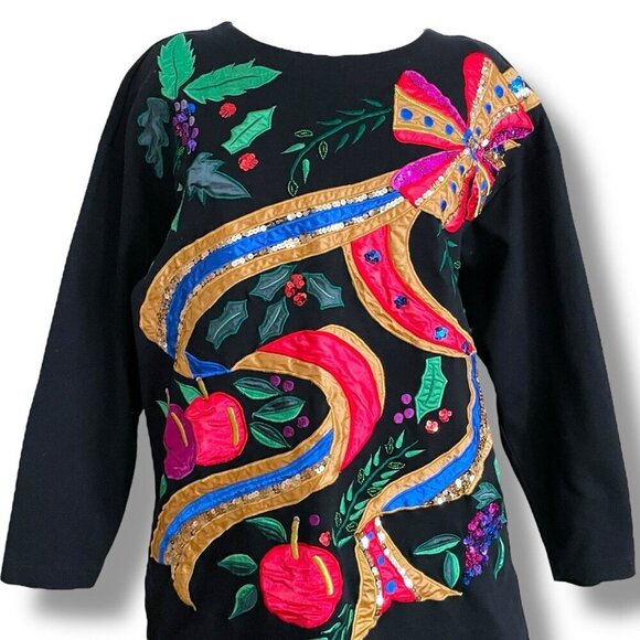 Vintage 1980s Accessory Lady Womens Top Sz Medium Black Beaded Sequins Loud - Picture 2 of 11